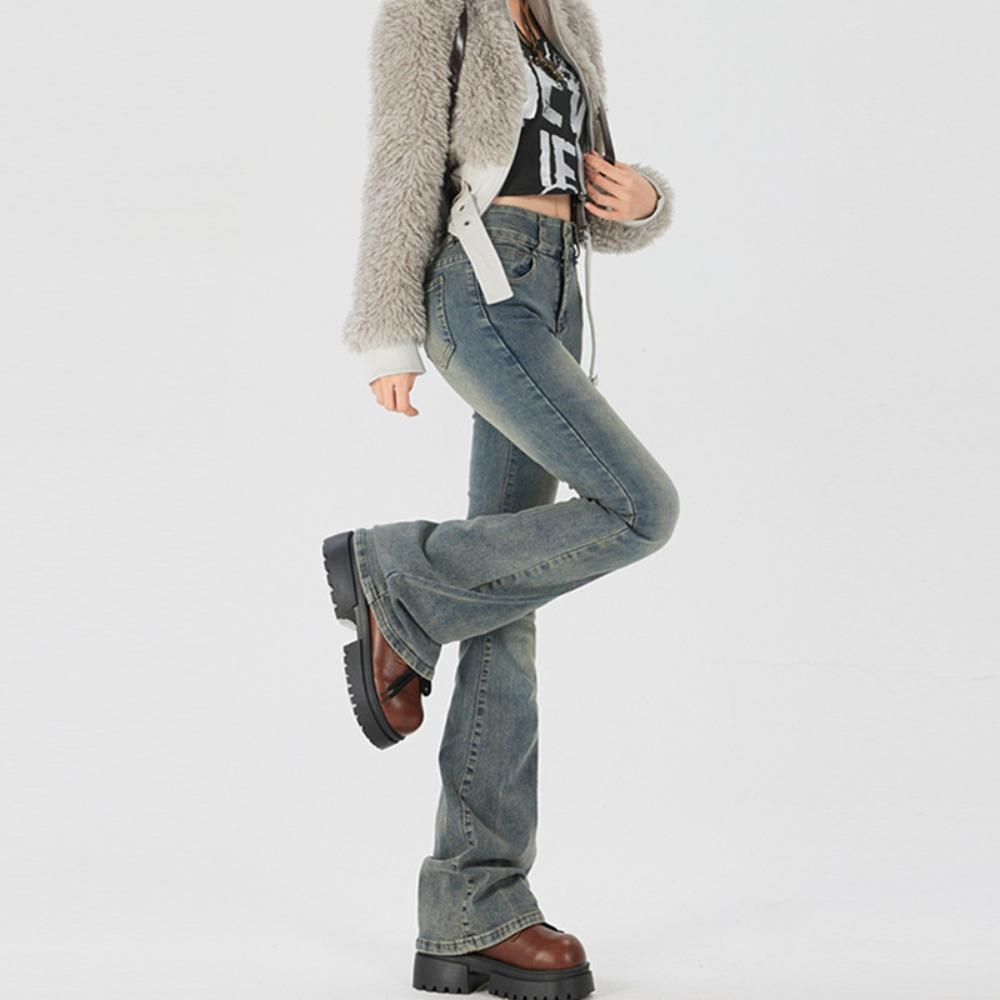 Personalized Versatile High-waisted Micro-pull Jeans Spring and Autumn New Double-buckle Thin Micro-flared Jeans