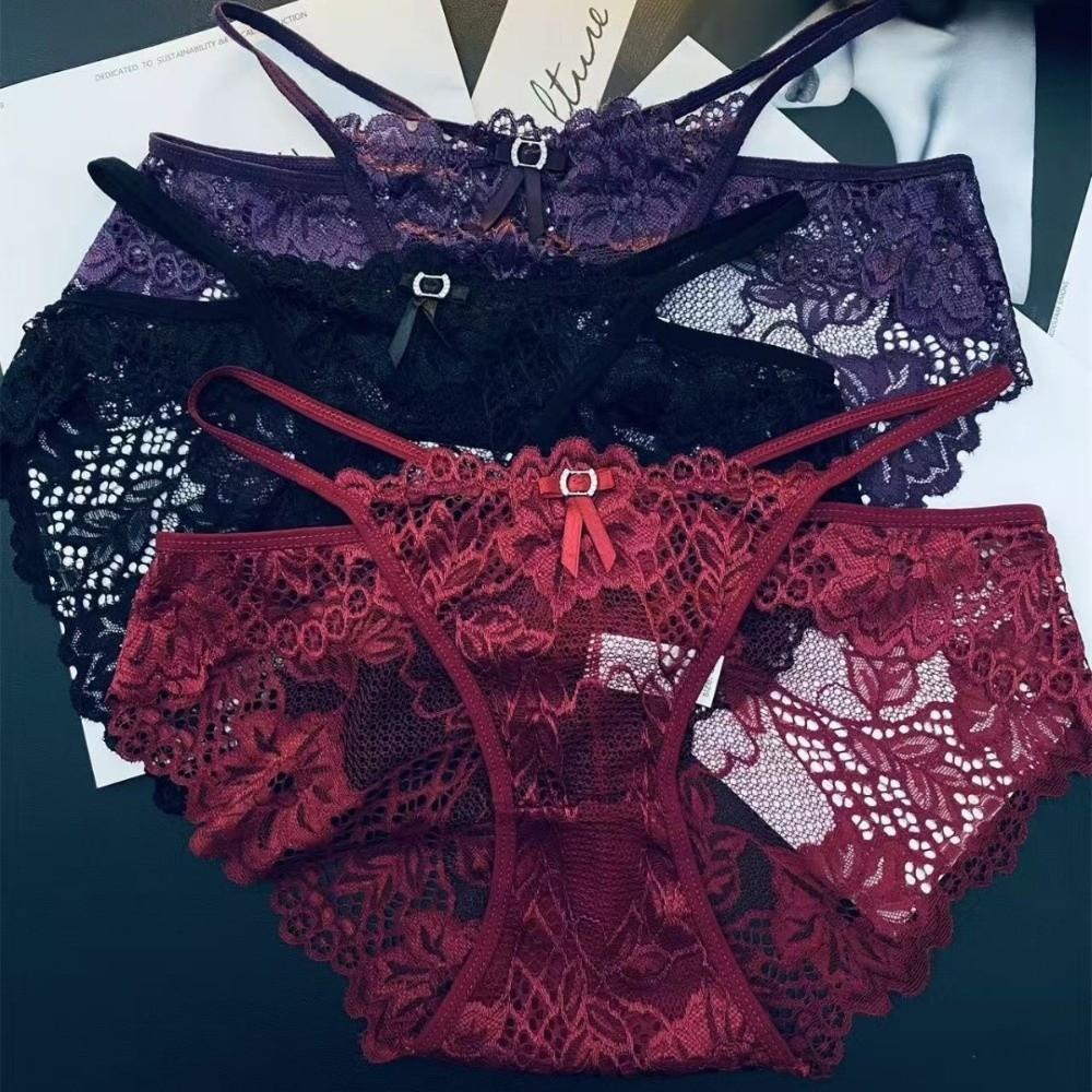 Breathable Transparent Lace Panties Mesh Hollow Out See-through Panties Low Waist Bow Briefs Gifts