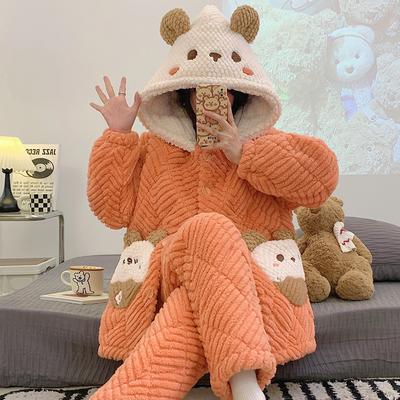 Winter Thick Coral Fleece Pajamas Women's Three-layer Quilted Jacket Cute Warm Hooded Home Service Suit