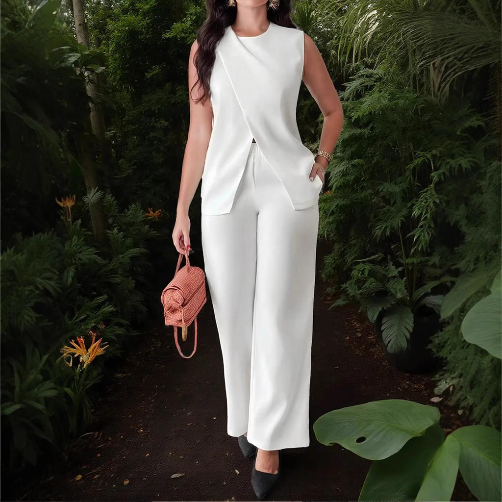 1116 spring and summer new European and American women's clothing solid color top sleeveless belt two-piece set trousers casual suit