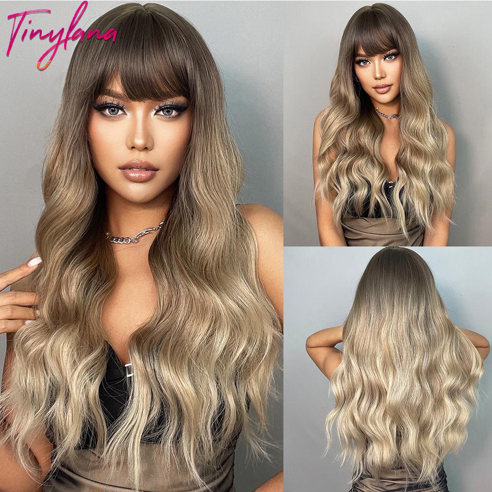 Orange Ginger Synthetic Wig Long Water Wavy Wigs For Women With Bangs Halloween Cosplay Party Daily Natural Heat Resistant Wig