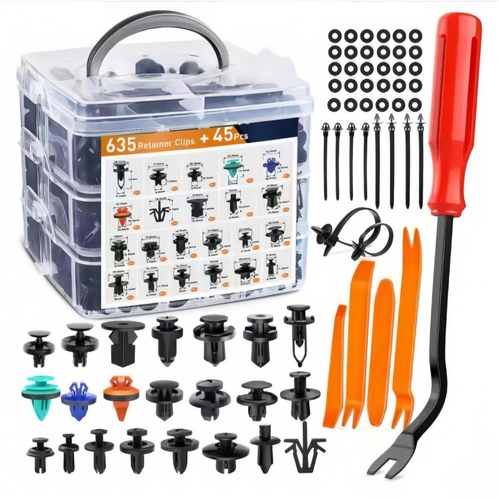 635PCS Automotive Plastic Fastener Kit for Door Trim Panel Bumper Fender Grille Radiator Cover Retainer 45 Tool Trim Removal Set
