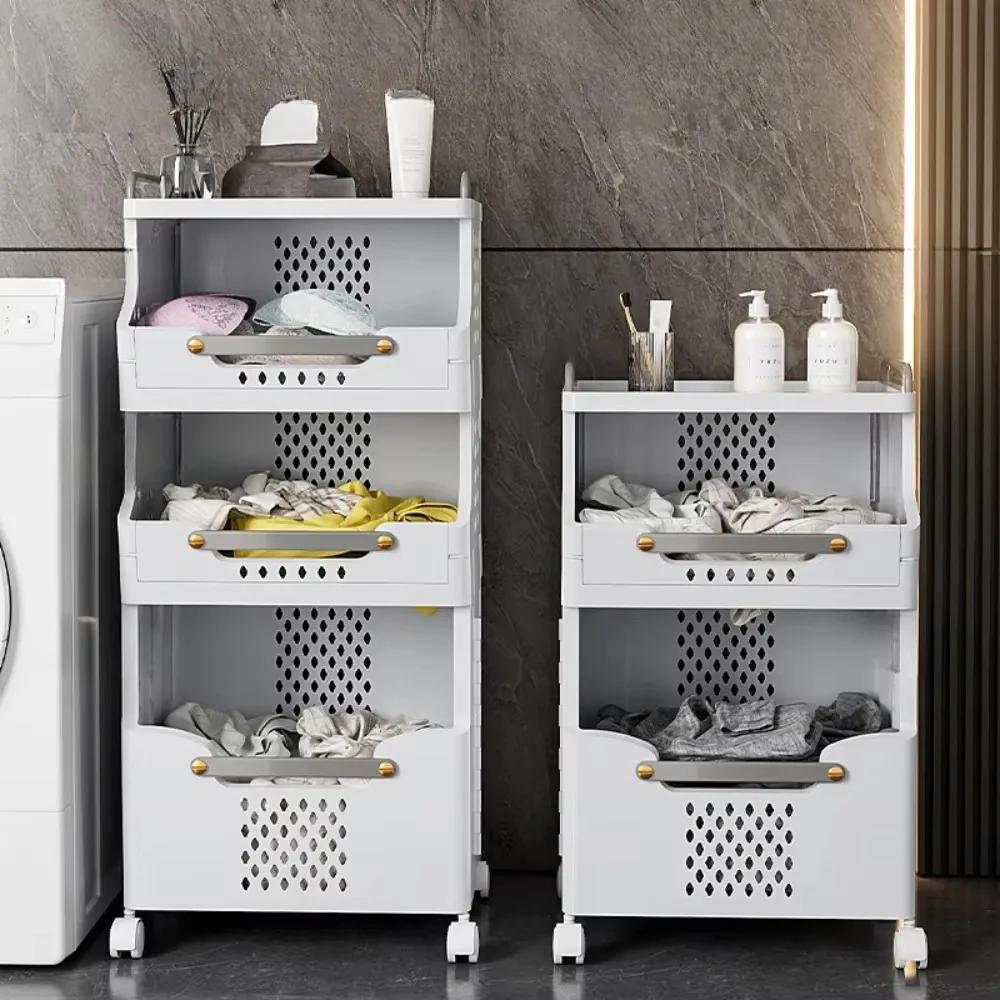 Dirty Clothes Basket Fold Plastic Move Toilet Storage Frame with Wheel Hollow Out Design High-capacity Household Storage Racks