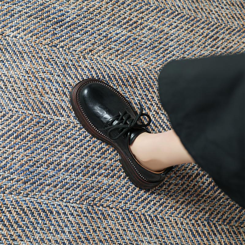 Small Leather Shoes Women's 2025 Spring Lace-up Retro British Style Round Head Thick Heel Single Shoes High-end Polished Loafers