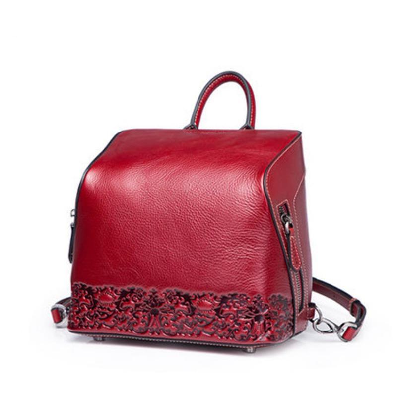 Women's Bag Genuine Leather Women's Bag Vintage Chinese Style Backpack Embossed