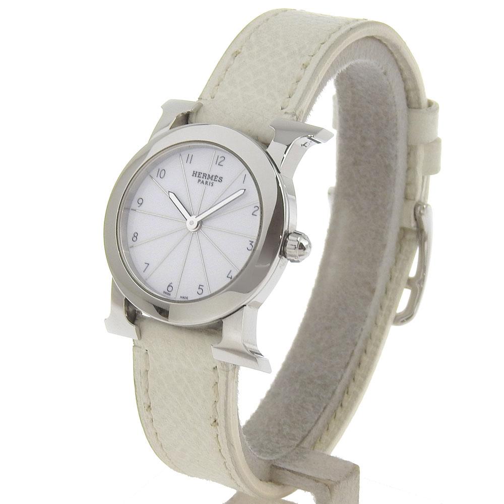 Hermes Heure H Watch Rondo Watches HR1.210 WhiteDial Stainless Steel/Embossed Leather Quartz Analog Display Women Used