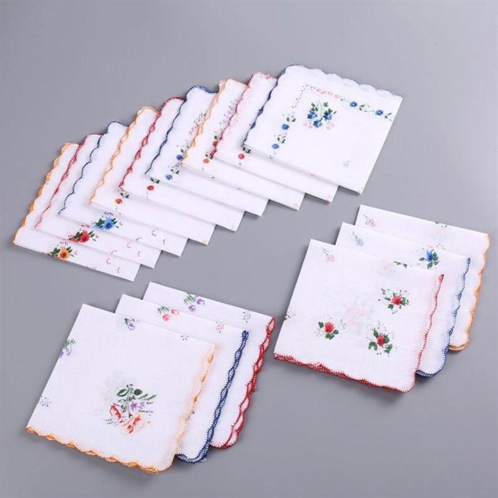 12Pcs Vintage Style Women's Printed Handkerchiefs Sweat Absorbent Breathable Square Hand Towel 28x28cm Lightweight