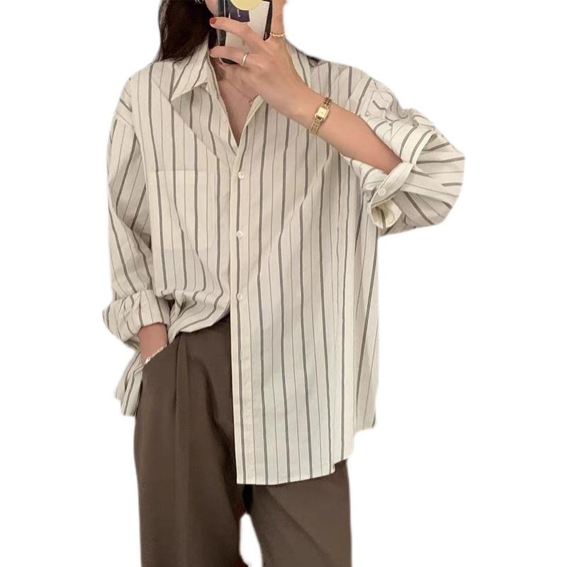 New Long Sleeve Women Office Stripes Shirt Loose Casual Ladies Blouse Lapel Pocket Elegant Fashion Simple Tops Spring Summer Thin Clothing