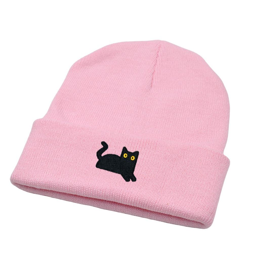 Cute Knit Beanies Embroidery Knit Cap Casual Embroidered Cat Knitted Hat Winter