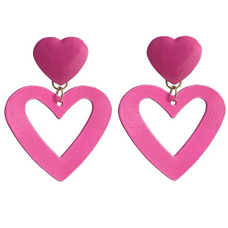 Pink Love Heart Earrings Unique Double Love Heart Pink Stud Dangle Earrings Jewelry Gifts for Wife Mom Girlfriend Her