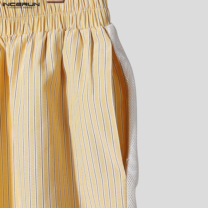INCERUN Two Pieces Summer Men O Neck Striped Hollow Patchwork Short Sleeve Tops and Shorts Sets