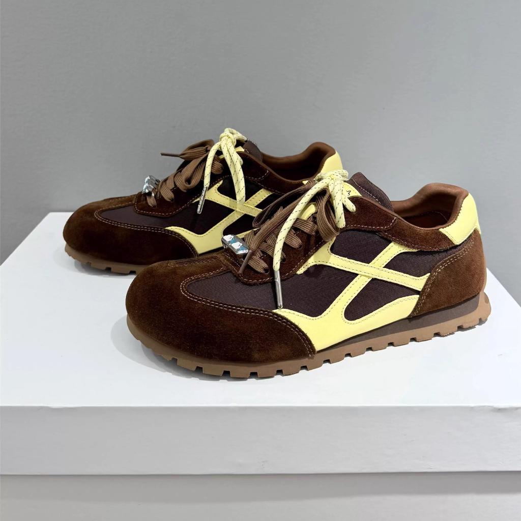Ruoji 2025 New Leather Retro German Training Shoes Women's Soft-soled Flat-soled Single Shoes Casual Sports Shoes Forrest Gump Shoes Women