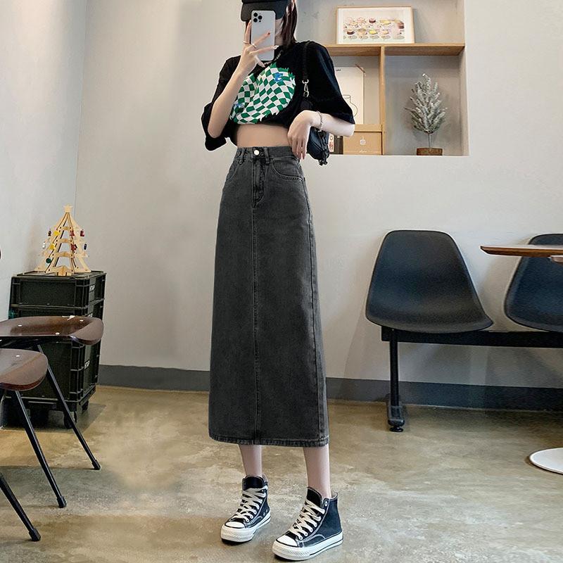Denim Skirt Waterwash A Line Midi Skirt With Side Slit For Casual Women