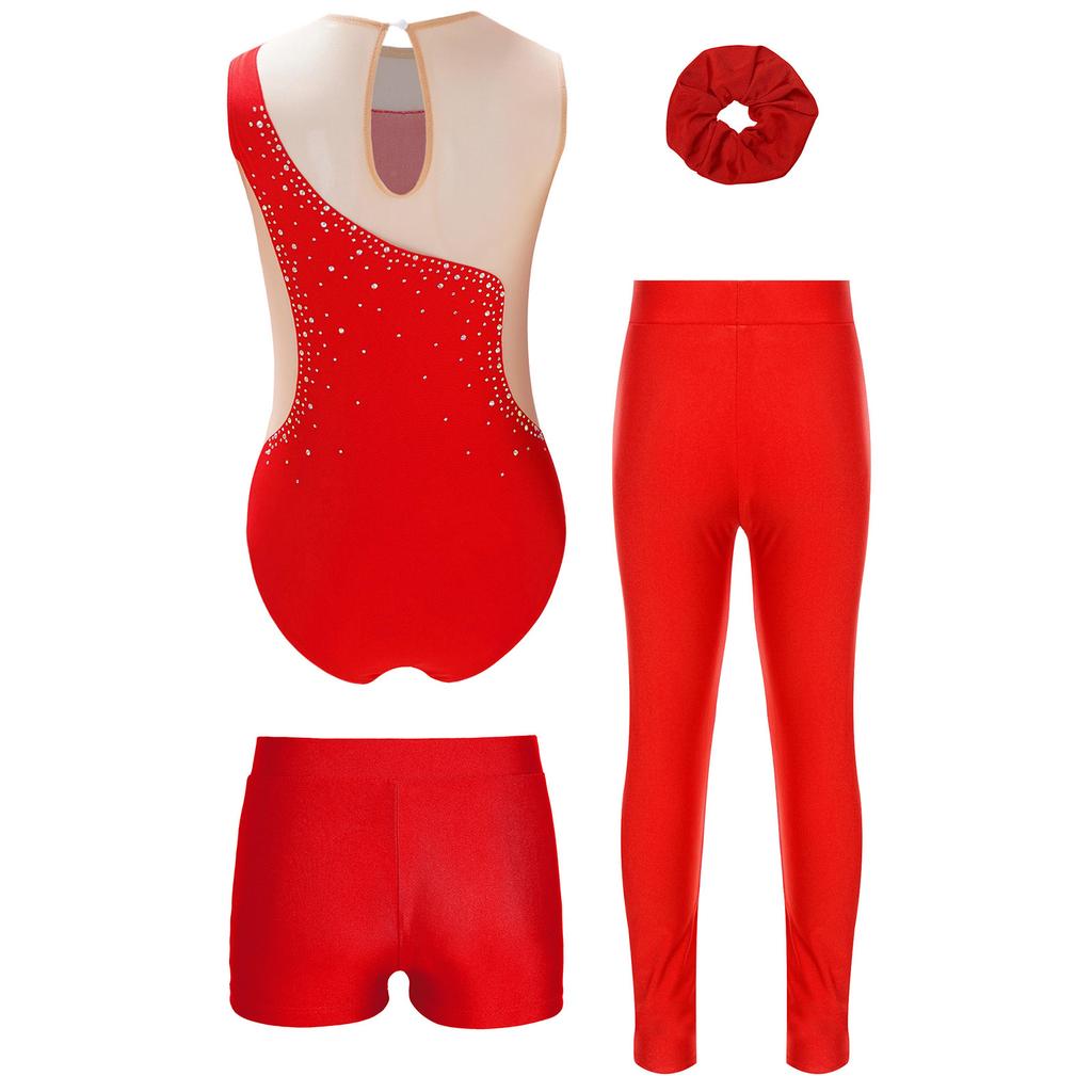 Mädchen Glitzer Strass Turnen Leotard Set Bund Shorts Leggings Kopfbedeckung Eiskunstlauf Outfit