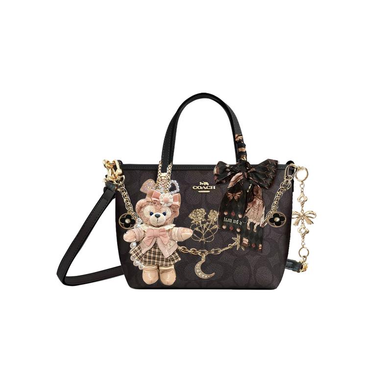 

COACH handbag [Customized bag] City 15 brand logo detachable shoulder strap rose print chain bow extension chain ribbon Jinhui Brocade Basic Model чорний