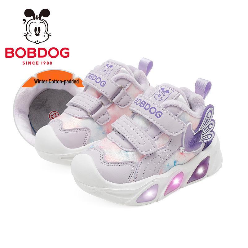 Bobodou Light-Up Girls' Toddler Shoes - 2025 New Style, Dual-Layer Cotton, Velvet-Lined for Autumn/Winter
