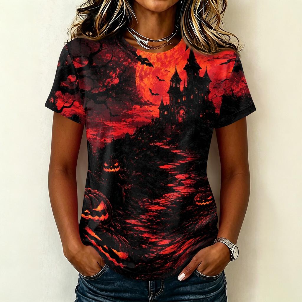 Women's Casual Pullover Short Sleeve T-Shirt Halloween Print Top Crew Neck Relaxed Fit Lightweight Tee for Everyday Wear