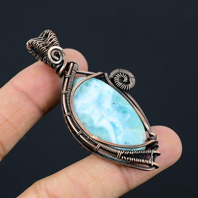 Larimar Gemstone Copper Wire Wrap Handmade Pendant Jewelry Gift