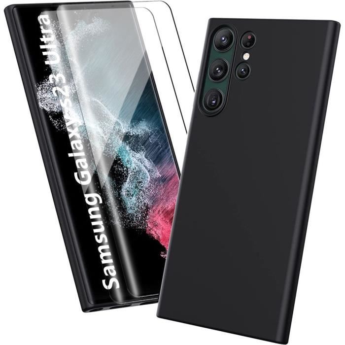 Coque de protection - BOOLING - pour Samsung Galaxy S23 Ultra - Silicone noir - 2 verres trempés - Antichoc