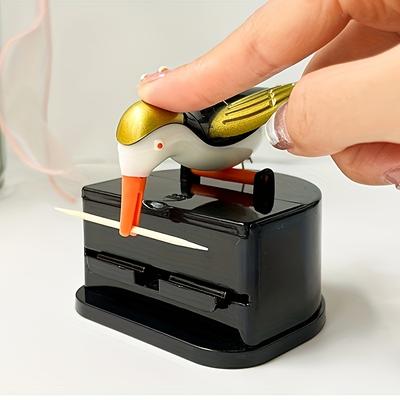 Specht Automatischer Zahnstocherspender - Ein-Druck- & Pop-Design, Langlebiges ABS-Harz mit schwarzem Sockel & weißer/goldener Vogeldekoration Zahnstocherhalter