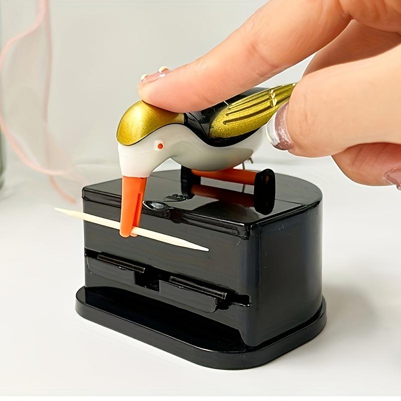 Dispenser Automatico di Stuzzicadenti Picchio - Design a Pressione e Pop One-Touch, Resina ABS Durevole con Base Nera e Decorazione Uccello Bianco/Dorato Porta Stuzzicadenti