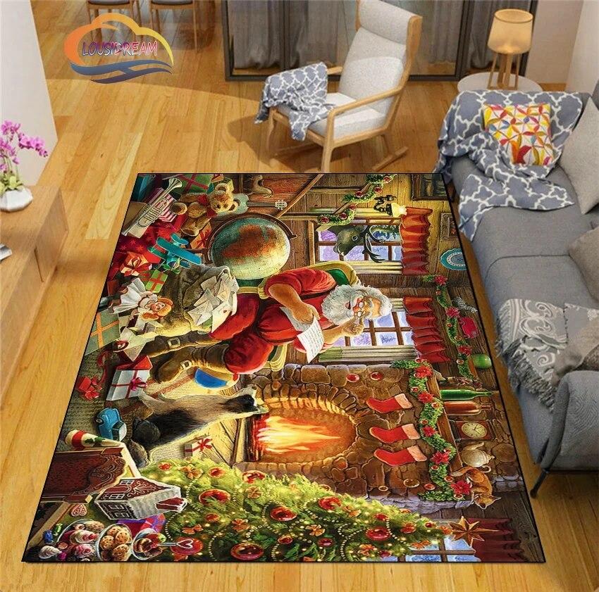 Christmas Rug Santa Playroom and Bedroom Plush Carpet Non-slip Soft Play Mat Bed Area Rug Parlor Decor