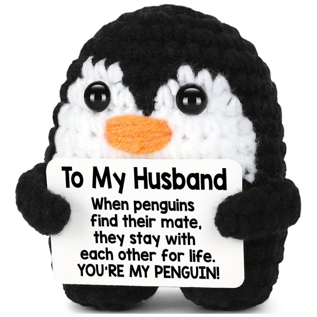 Penguin Positive Crochet Animals Doll With Card Desktop Ornament Emotional Support Handmade Knitted Cheer Up Toy