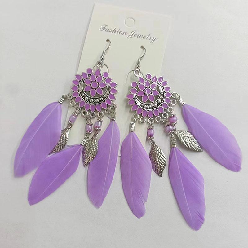 

Vintage Bohemian Flower Shaped Feather Earrings for Women Elegant Long Silver Color Metal Leaf Earring Wedding Party Jewelry светло-фиолетовый