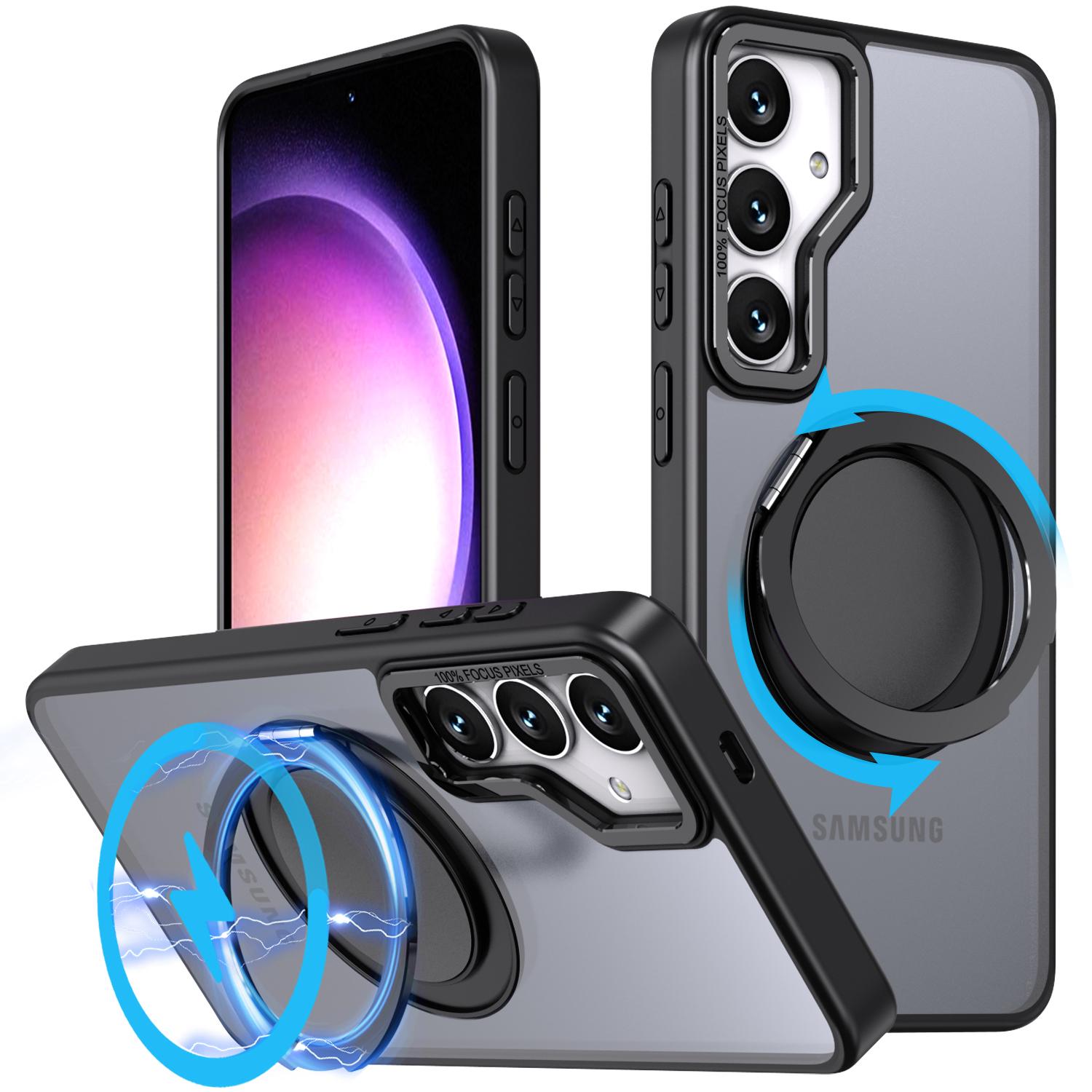 

For Samsung Galaxy S24+ Magnetic Phone Case Invisible Gear 360 Degree Rotation Ring Kickstand Black