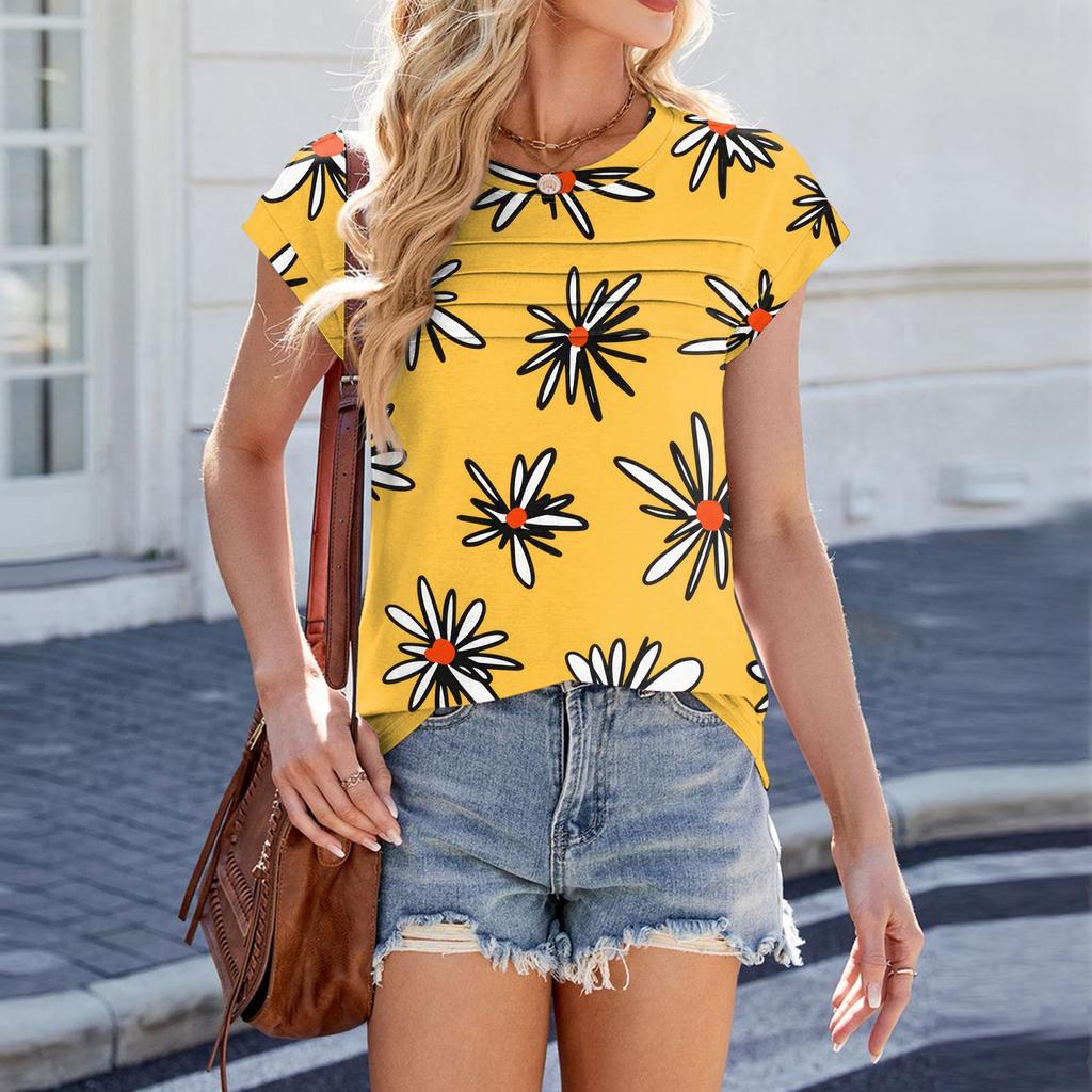 Damenmode Lässig Kurzarm Basic Textur Floral Rundhals T-Shirt Kappenärmel Top