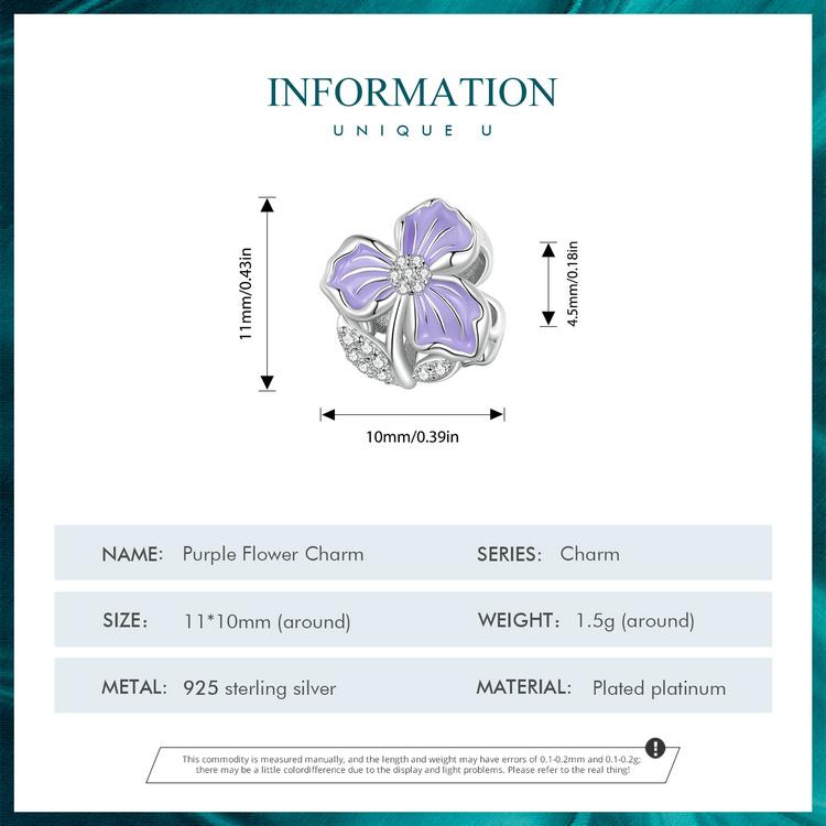 BAMOER 925 Sterling Silver Purple Flower Charm Pendant for Bracelet DIY Jewelry