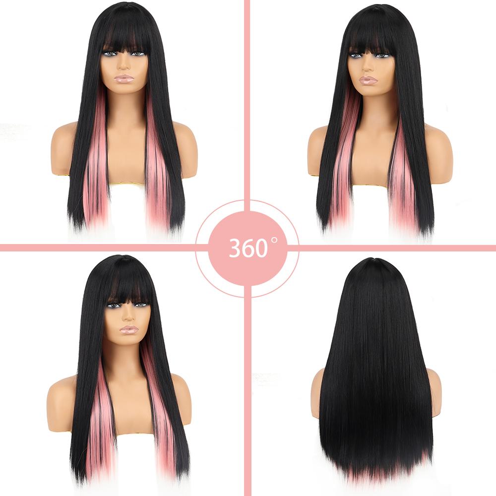 XINRAN Lange glatte Haare, schwarz-rosa Kunstfaser-Perücke mit Pony für Frauen, Lolita-Perücke, Cosplay, Alltagskleidung
