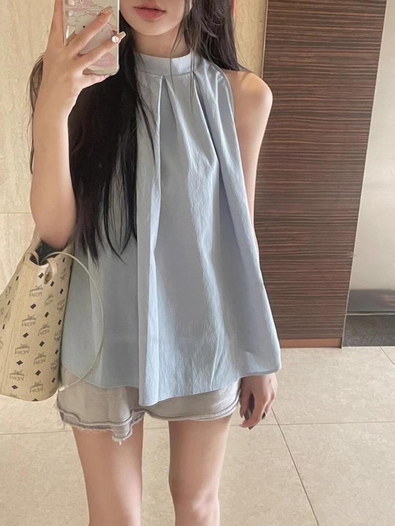 Women's French-Style Sweet & Spicy Sleeveless Blue Halter Tank Top