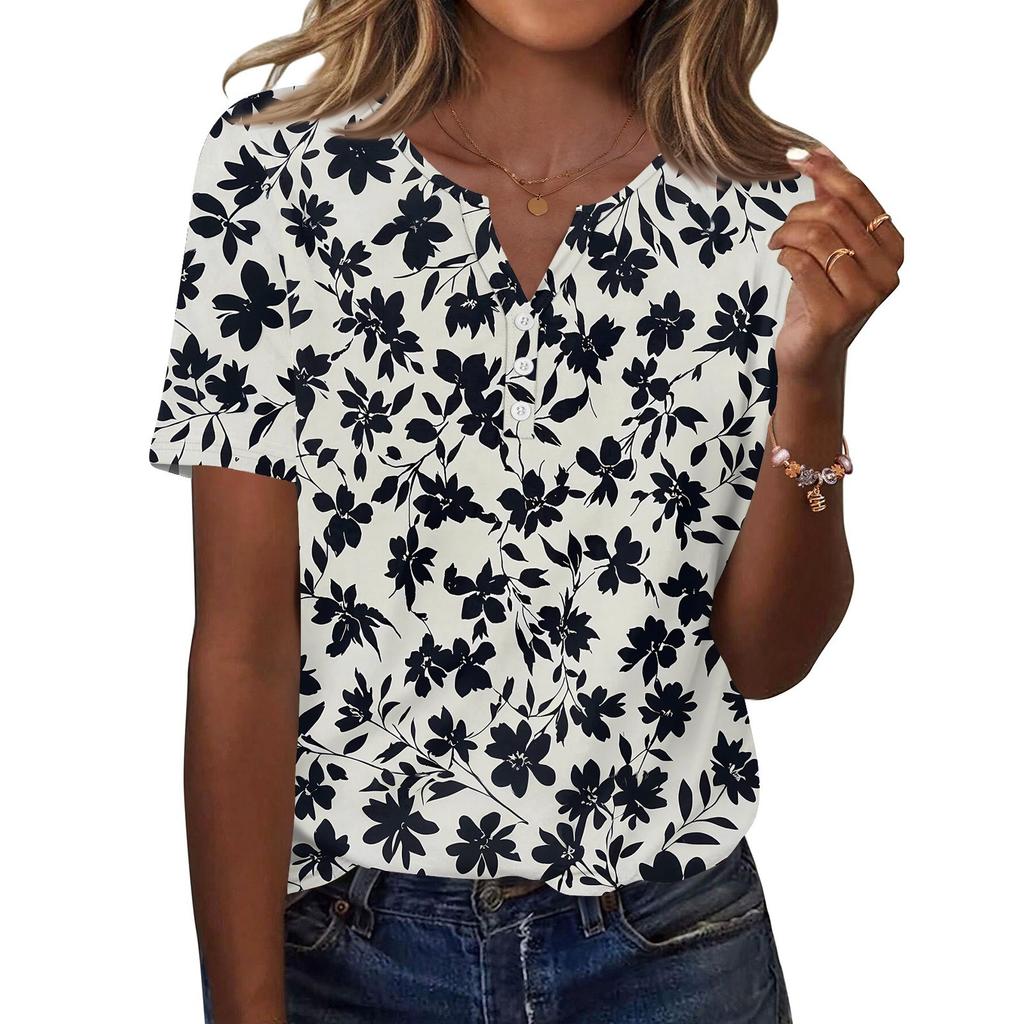 Damen T-Shirt mit Aufdruck und Knopfleiste, kurzärmelig, für den Alltag, Wochenendmode, Basic, V-Ausschnitt, normales Oberteil