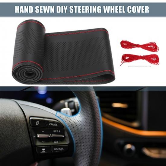 1 Set Auto Hand Sewn Steering Wheel Cover 32-35cm Microfiber Leather Black Red