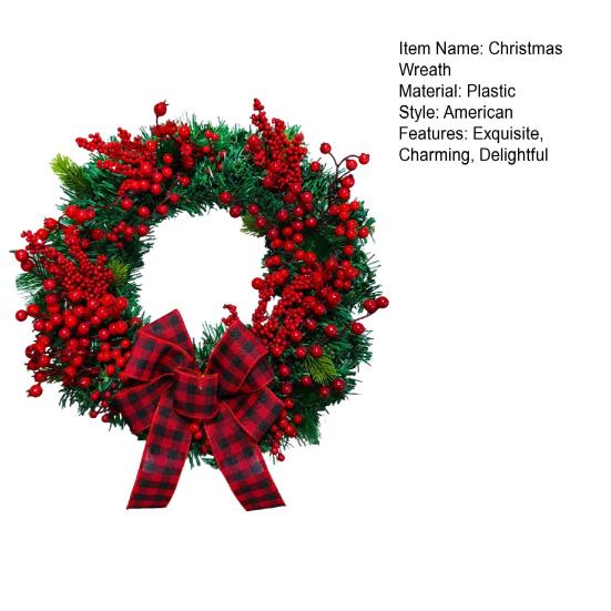 15 Inch Christmas Wreath for Front Door Artificial Greenery Wreath with Red Berries And Buffalo Plaid Bow for Holiday Indoor Outdoor Wall Farmhouse