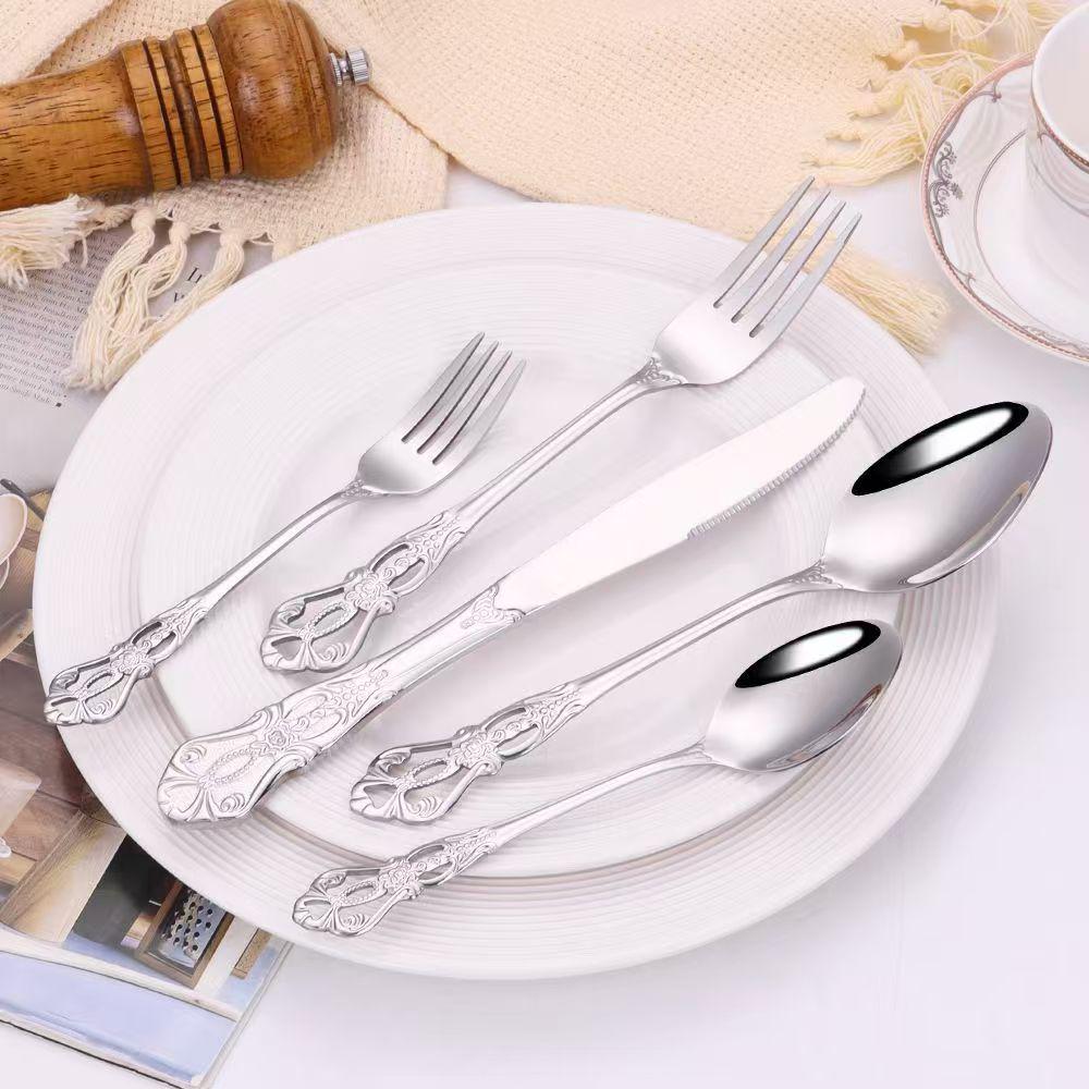 Royal Court Nordic Light Luxury Stainless Steel Cutlery Set - Silver Hollowed-out Knife, Fork & Spoon