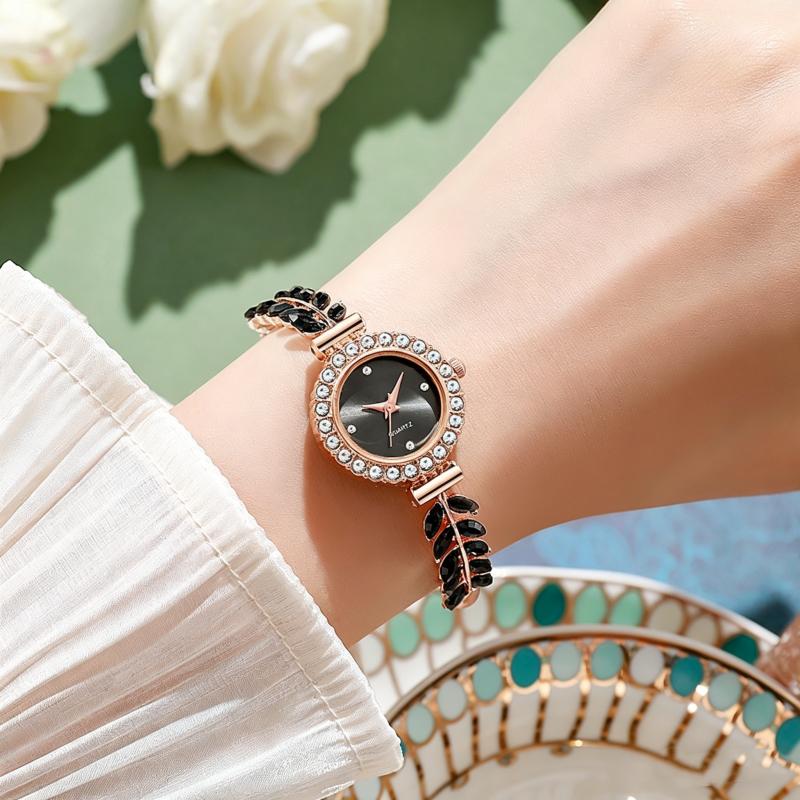 New Fashion Women Quartz Watch Leaf Design Slim Strap Rhinestone Round Dial Pull Adjustable Bracelet Wristwatch