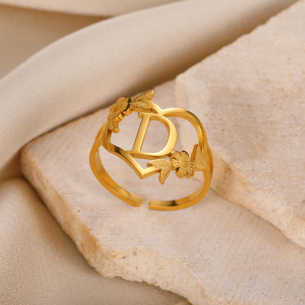 Stainless Steel Initials Flower Heart Rings Gold Color Adjustable Delicate Letter Leaf Rings For Women Girl Alphabet Jewelry KTJ