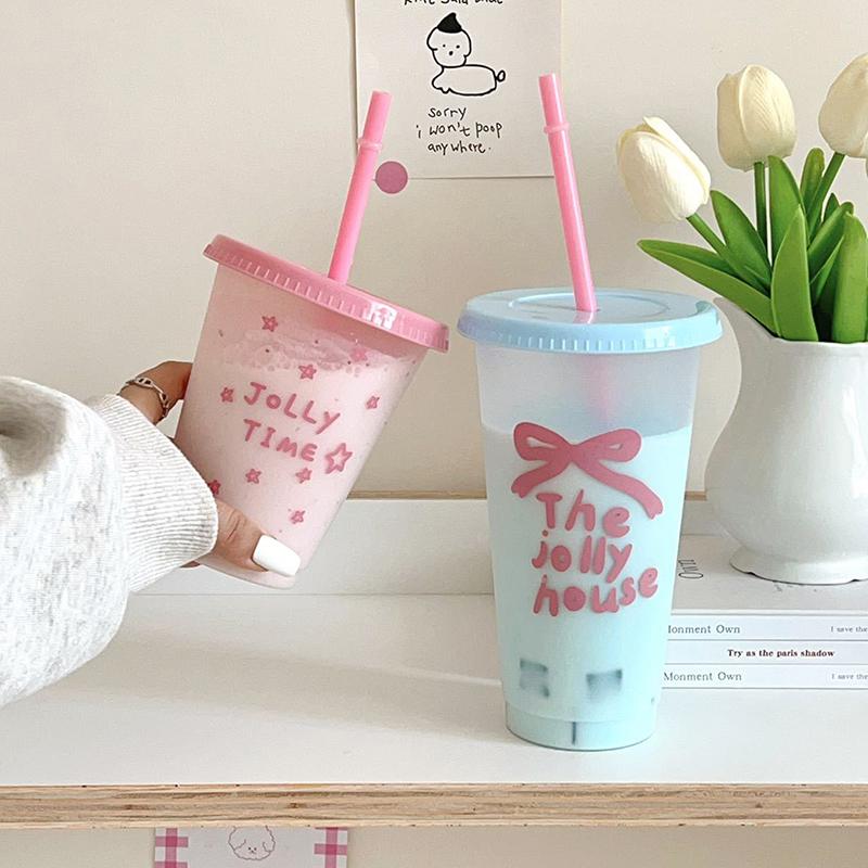 1Pc Ins Portable Reusable Drinking Bottle Kawaii Water Bottle For Coffee Juice Milk Tea Cute Plastic Cold Cups With Straw Lid
