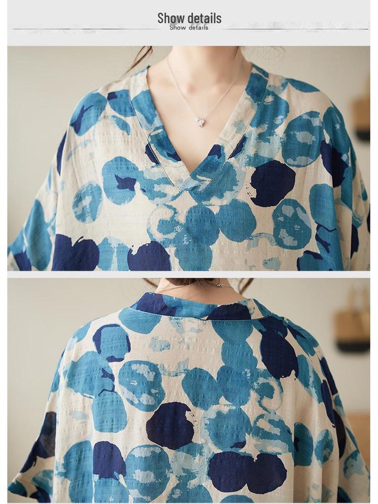 Retro Sukienka Plażowa z Dekoltem V i Luźnym Krojem - Lato 2024 Bawełna Len Narzutka Plus Size