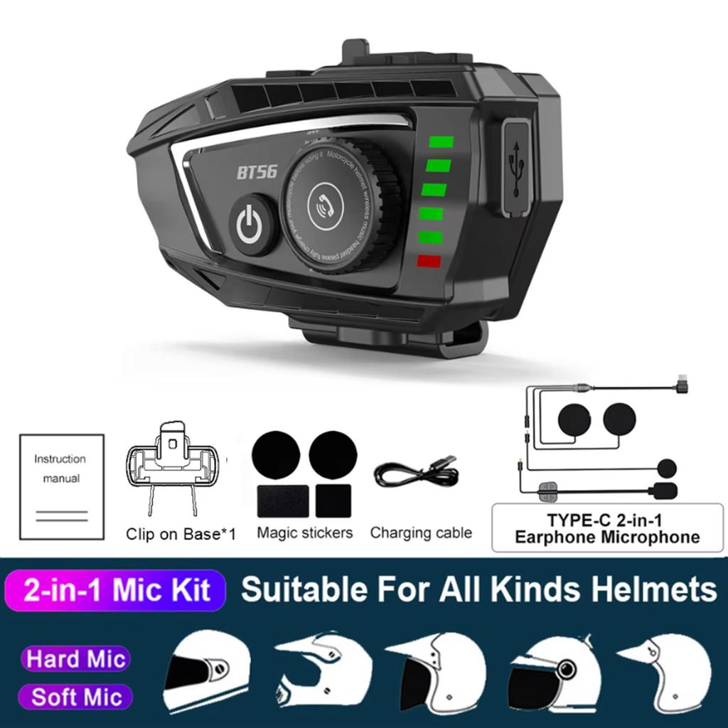 BT56 2-in-1 Mic Motorcycle Helmet Headset Bluetooth 5.4 Handsfree Wireless Noise Reduction Waterproof Earphone with Rhythm Light