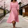 Damen Baumwoll-Leinen Midi Kleid Lässig Rundhalsausschnitt Langarm Schwingkleid Sommer Falten A-Linie Fließendes Kleid
