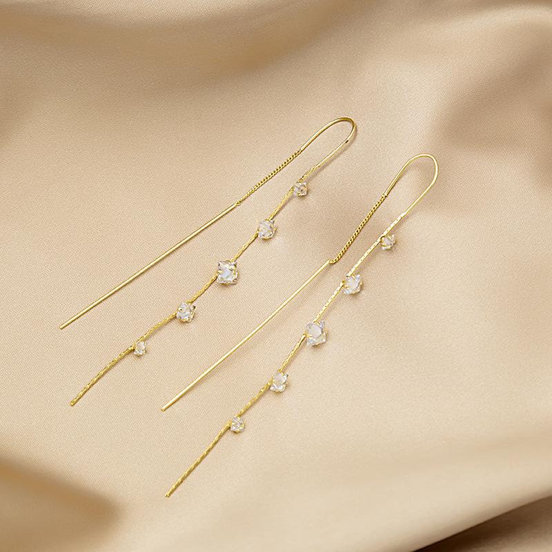 925 Trendy Long Tassel Crystal Earrings, High-End Face-Showing Thin Earrings, Exquisite And Simple Earrings.