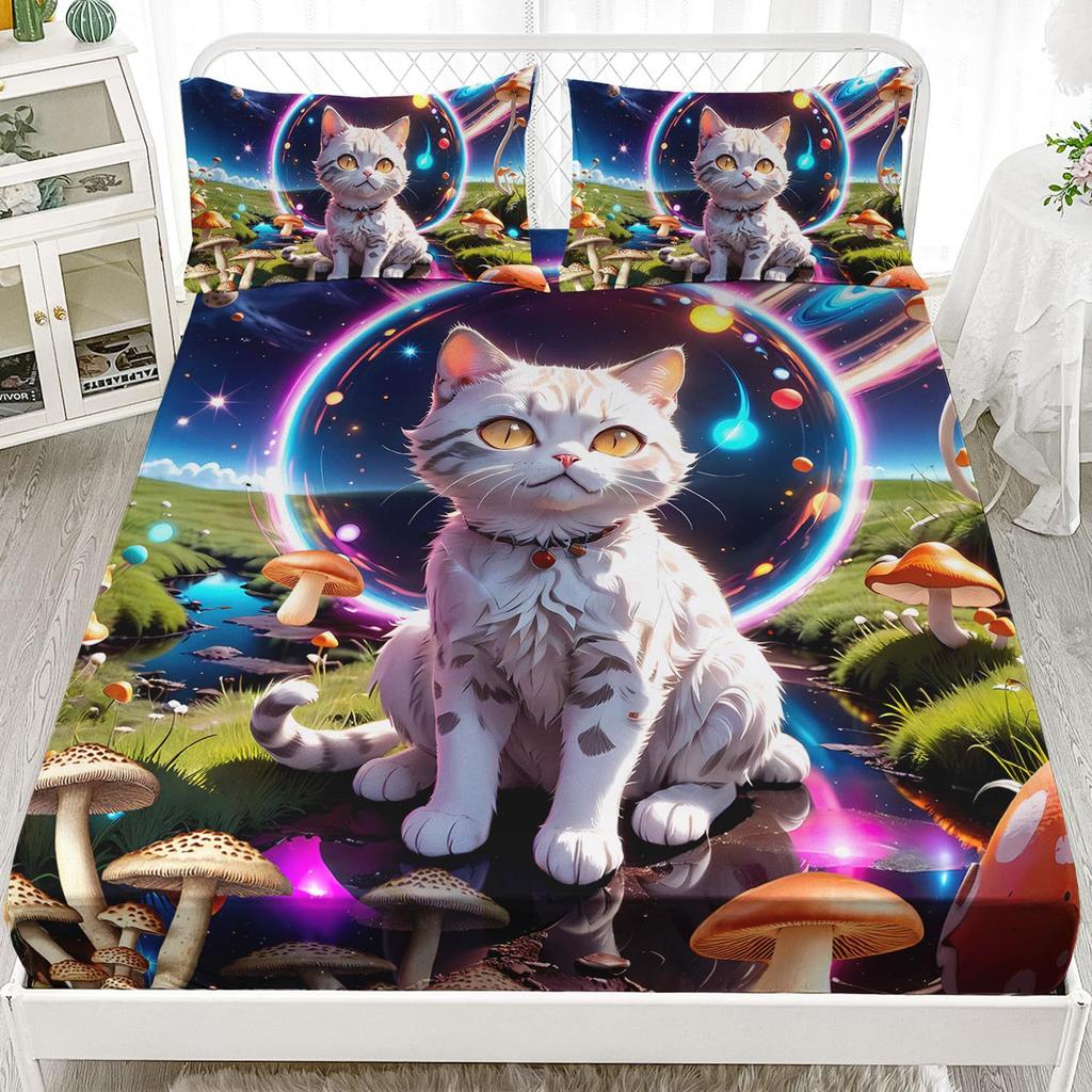 Cute Cat Pattern Mattress Three-Piece Digital Printing Mattress Bedding Set Adult Children