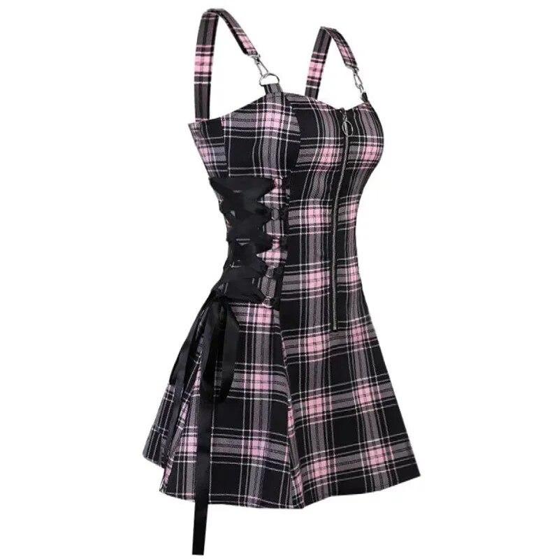 Abito Mini Vintage Punk Harajuku Lolita Gotico a Quadri con Lacci Y2K Zip Sexy A-Line Quotidiano da Donna Senza Maniche Streetwear