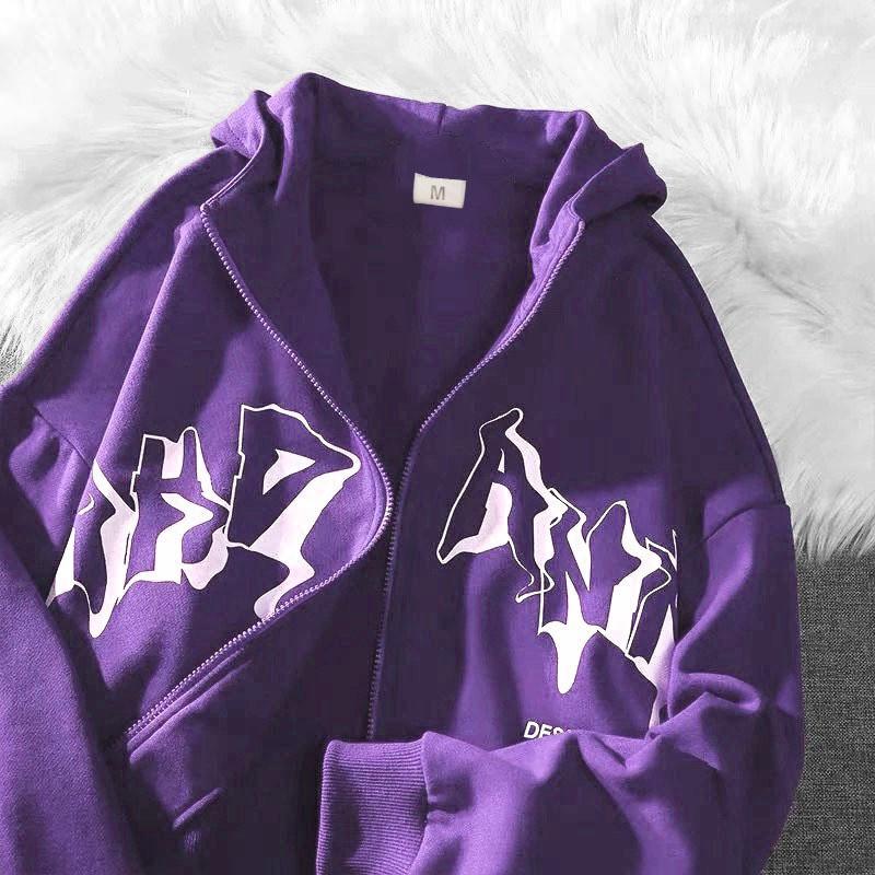 226 Gothic Print Zip Up Hoodie Unisex Women Casual Fall Winter Loose Fit