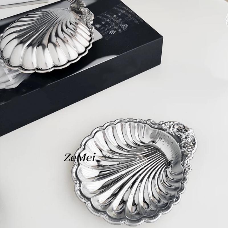 Europäischer Stil Muschelform Wasserwellen Obstteller, Silberne Edelstahlplatte Haus-Essensschale, Snack-Scheibe Tischdekoration