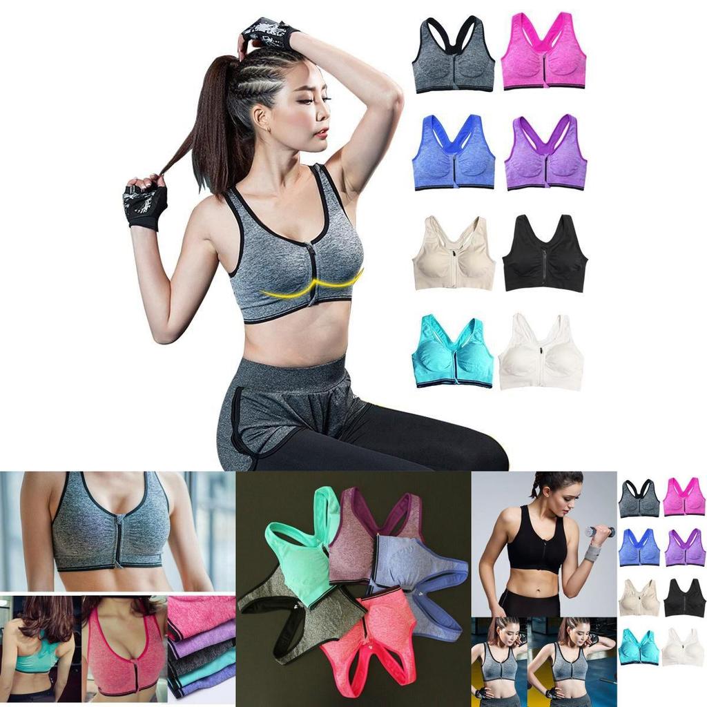 Womens Zip Front Wireless Padded Sports Bra Yoga Cami Push Up Support Top Vests