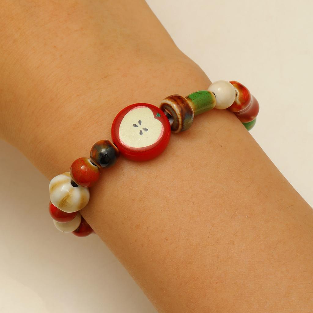 Sweet Women's Ceramic Bracelet with Beads and Apple Core Pendant Trendy Gift Unique Design Versatile Accessory